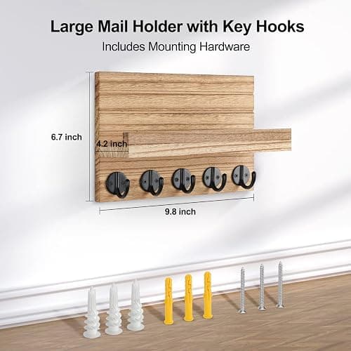 Lwenki Key Holder for Wall, Decorative Key and Mail Holder with Shelf Has Large Key Hooks for Bags, Coats – Paulownia Wood Key Hanger with Mounting Hardware (9.8”W x 6.7”H x 4.2”D) (Burnt Wood) thumbnail 2