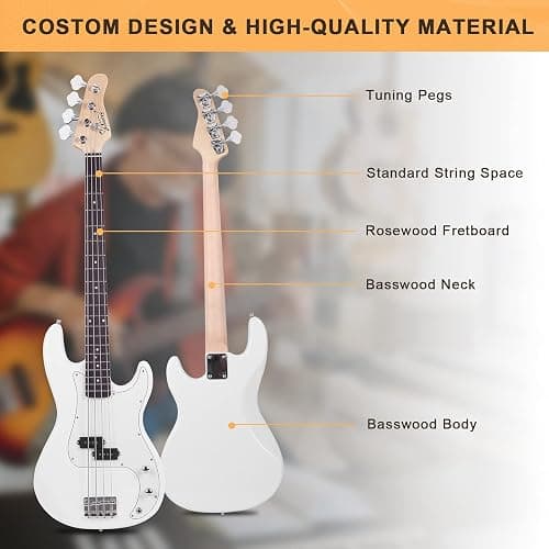 GLARRY Full Size Electric Bass Guitar Beginner Kit 4 String Exquisite Basswood Bass with 20W AMP, Cable, Strap, Bag and Accessories (White, 39"Right Handed) thumbnail 2