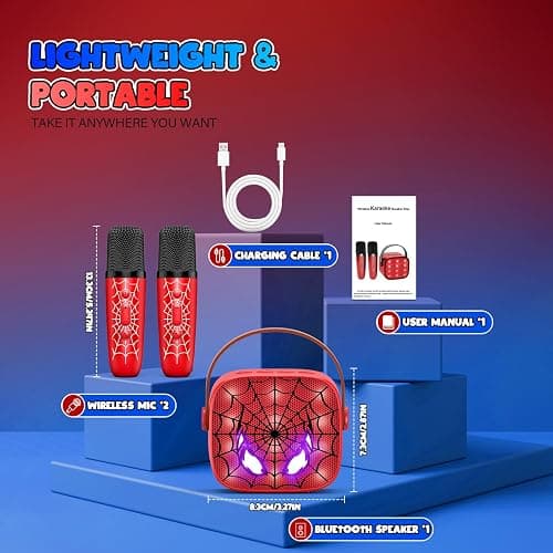 Mini Karaoke Machine Toys Gifts: Kids Toys Easter Birthday Gifts for 4 5 6 7 8 9 Years Old Girl Boy LED Portable Bluetooth Speaker with 2 Wireless Microphone Girl Boy Kid Adult Gift Toy Age 3-12+ - Red thumbnail 7