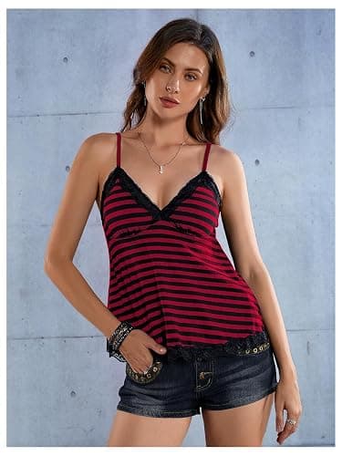 SOLY HUX Womens Y2K Lace Cami Sleeveless Striped Spaghetti Strap Camisole Gothic Babydoll Tops thumbnail 3
