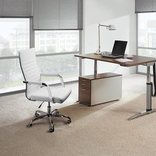 Furmax Ribbed Office Desk Chair Mid-Back PU Leather Executive Conference Task Chair Adjustable Swivel Chair with Arms (White) thumbnail 2