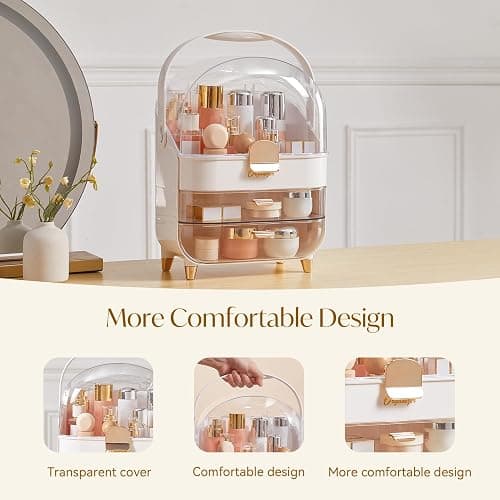 BTGGG Makeup Organizers, Make Up Organizer for Vanity, Countertop Cosmetic Storage with Drawers and Transparent Cover for Bedroom Bathroom, Pearl White thumbnail 4