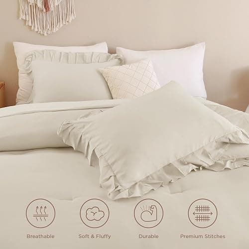 Andency Beige Comforter Set Full Size, 3 Pieces Solid Ruffle Vintage Rustic Soft Bedding Comforter Sets, All Season Lightweight Fluffy Soft Microfiber Bedding Set (79x90 Comforter & 2 Pillowcases) thumbnail 5