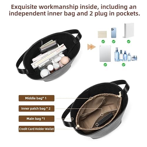 Genuine Leather Bucket Bag with Credit Card Holder Wallet, First Layer Pebble-grained Calfskin Tote Bag thumbnail 7