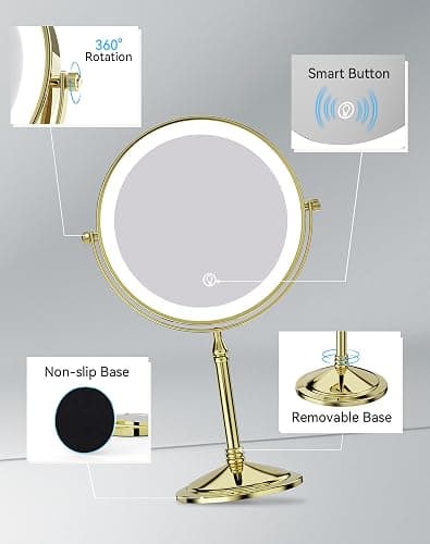 DOWRY 4000 mAh Rechargeable Lighted Makeup Mirror 10x Magnification Vanity Mirror Tabletop Two-Sided Swivel Gifts for Women Wife Mom Teengirls Mothers Day Gold Finish thumbnail 4