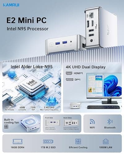 KAMRUI Essenx E2 Mini PC, 16GB RAM 1TB SSD Mini Computers,12th Alder Lake N95 (Beat N100, up to 3.4GHz) Micro PC, HDMI+DP1.4 Dual 4K UHD Small PC,Gigabit Ethernet,WiFi,BT,Home/Office Mini Desktop pc thumbnail 3