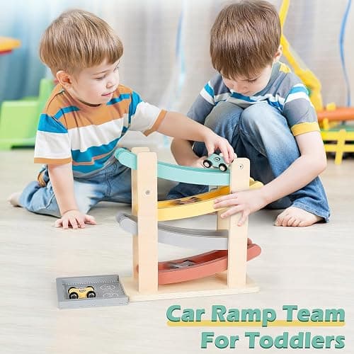 Car Ramp Toys for One Year Old Boy Birthday Gifts, Wooden Montessori Toys for 1 2 Year Old, Race Track Truck Toy with 4 Mini Cars/1 Parking Lot, First Christmas Birthday Gifts for Toddlers 1-3-2-4 thumbnail 4