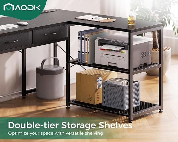 AODK 61 Inch L Shaped Computer Desk with Drawers, Corner Desk with Power Outlets & Reversible Storage Shelves, for Home Office Gaming, Black thumbnail 5
