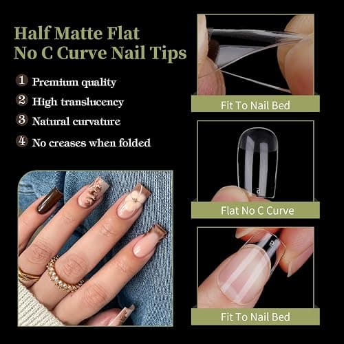 Nail Venares 500 Pcs Half Matte Tip for Gel & Acrylic Extensions, Pre-buff Clear False Nails thumbnail 4
