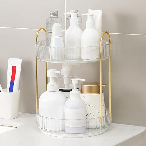 YCIA&DONE 360 Rotating Makeup Organizer and Storage for Vanity Bathroom Countertop, High Capacity Cosmetic Skincare Perfume Organizers for Dresser Lazy Susan (Clear White,2 Tiers) thumbnail 7