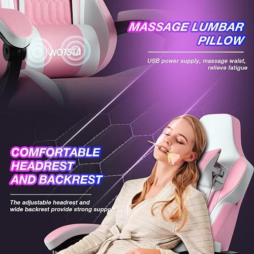 WOTSTA Gaming Chair with Footrest, High Back Gaming Chairs PVC Leather Ergonomic Gamer Chair with Adjustable Headrest Lumbar Support Racing Style Video Gaming Chair for Office/Home (Pink) thumbnail 6