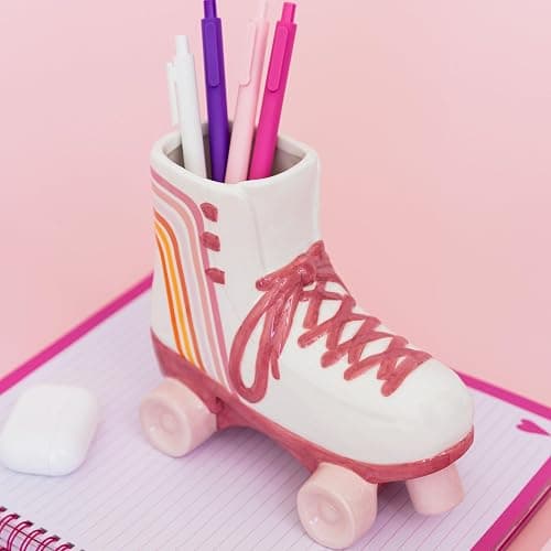 Steel Mill & Co. Cute Retro Ceramic Roller Skate Vase | Flower Vase and Desk Pot Pen and Pencil Holder, Vintage Decor for Home or Office, Small Round Container thumbnail 2