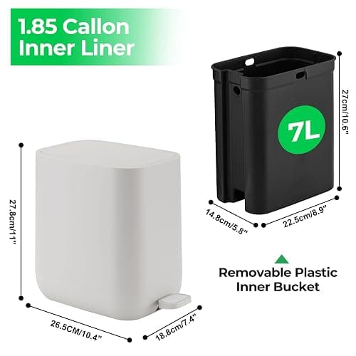 Veinvify 7 Liter Schlanker kleiner Küchen-Mülleimer mit Deckel Soft-Close-Staubeimer Trittpedal Mülleimer Zuhause, Badezimmer Büro aus ABS Waschbar Ivory thumbnail 3