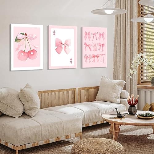 Coquette Pink Bow Canvas Wall Art Set of 3, Cherry Bow Posters Prints for Bedroom, Dorm, Bathroom Decor Painting Preppy Aesthetic Girls Room Decor Artwork for Women Teens Tween 12x16 Inch Framed thumbnail 6
