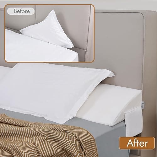 Vekkia Queen Bed Wedge Pillow for Headboard Gap Filler(0-5"),High-Density Foam,Prevent Pillow & Item from Falling,Ergonomic Design,Large Storage Pockets, Removable&Washable Cover,White,60''x10 x6 thumbnail 3
