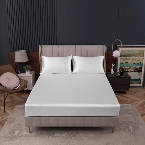 Homiest White Satin Fitted Sheet Twin Size, Deep Pocket, Luxury & Ultra Soft Bedding thumbnail 2
