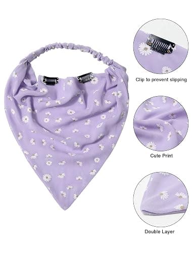AWAYTR Elastic Hair Scarf Headband - 3 PCS Chiffon Print Floral Hair Scarves with Hair Clips Kerchief Head Bandanas for Women (White/Beige/Purple) thumbnail 3