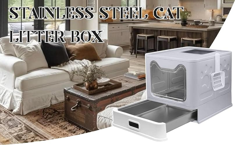Modign Stainless Steel Litter Box with Lid,Large Foldable Litter Box with Lid,Covered Top Entry Litter Boxs,Enclosed Cat Litter Boxs with Litter Scoop for Big and Small Cats(Gray) thumbnail 6