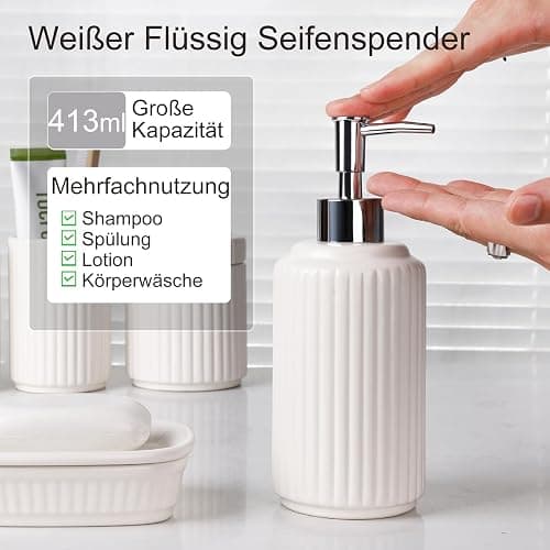 NOVAJOY Badezimmer Set Keramik – 5 Teile, Badezimmer Organizer mit Seifenspender, Seifenschale, Zahnbürstenhalter, Wattestäbchen Kanister, Hochwertiges Badezimmer Deko Set (Beige Weiß) thumbnail 4