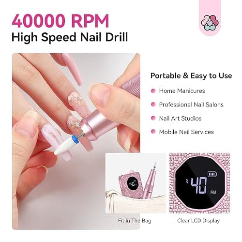 SAVILAND Professional Nail Drill 40000 RPM: Portable Diamond Nail Drill Kit Rechargeable 4000 mAh Electric Nail File for Thick Acrylic Nails with Ceramic Nail D rill Bits Sanding Bands Nail Tech Salon thumbnail 6