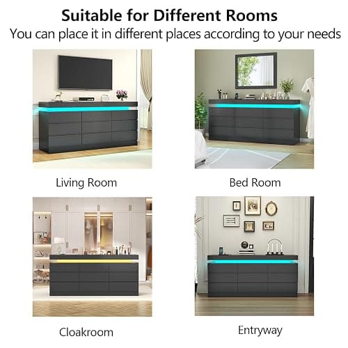 Gyfimoie 9 Drawer Dresser with Power Outlet, Dresser with LED Light, Modern Chest of Drawers for Closet, Double Wide Drawer Organizer Cabinet for Bedroom, Living Room (Black, 9 Drawers) thumbnail 7