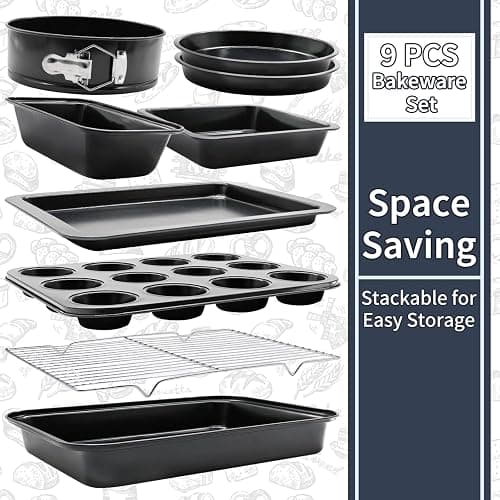 17 PCS Bakeware Set Carbon Steel Non-Stick Baking Pan Set with Sheet, Muffin, Loaf Tin, Square Cake, Deep Pan, Springform, Measuring Cups, Cooling Rack thumbnail 7