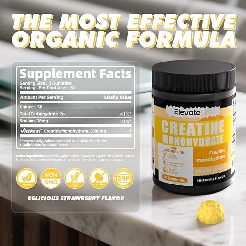 ElevateLife NSF Certified Creatine Monohydrate Gummies 5000mg for Men & Women, Chewables Creatine Monohydrate for Muscle Strength, Muscle Builder, Energy Boost, Pre-Workout Supplement-90 Pineapple thumbnail 5