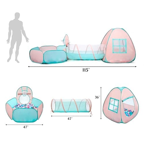 3 in 1 Pop Up Kids Play Tent with Tunnel and Ball Pit for Kids, Boys, Girls, Babies and Toddlers, Indoor/Outdoor Playhouse,Orange Pink/Light Green - Orange/Green thumbnail 2