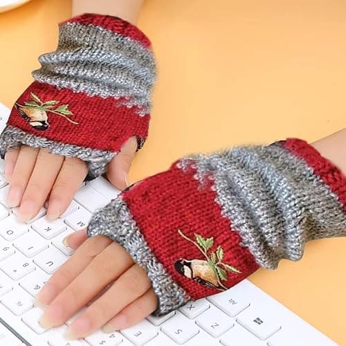 FOOMER Warm Patchwork Embroidered Fingerless Gloves with Vintage Knitted Design and Bird Embroidery thumbnail 4