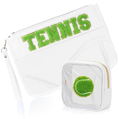 BuyCard 2 Pcs Tennis Gifts Cosmetic Makeup Bag with Chenille Letter Patch, Clear Pouch PVC Organizer Purse, Waterproof Travel Bag, Portable Toiletry Storage Bag for Her Girls Friends Women - Image 1