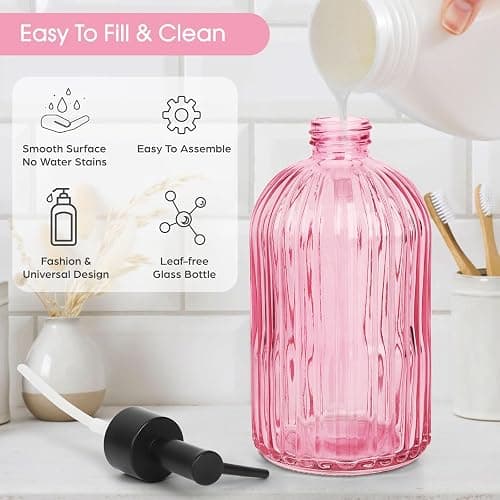 Topsky Stripe Glass Soap Dispenser with Black Plastic Pump, 400ml Liquid Hand Soap Dispenser, Rustproof Pump for Kitchen & Bathroom, Great for Lotions, Essential Oil, Liquid Soaps-Pink thumbnail 4