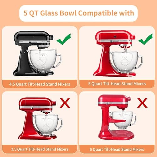 5QT Glass Bowl Compatible with KitchenAid 4.5 and 5-Quart Tilt Stand Mixers,Glass Mixing Bowl with Lid, Measurement Markers and Handle thumbnail 6