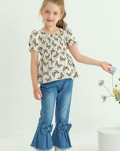 Kucnuzki Toddler Kids Girls Clothes Short Sleeve Shirt Top Flare Denim Jeans 2 Piece Outfits For Girls Cute Clothing Set thumbnail 2