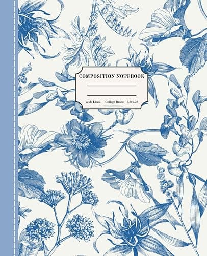 Vintage Botanical Composition Notebook: Pastel Blue Floral Print Cottagecore Aesthetic Journal, Cute Notebook For Girls, Stitched Detail Effect, College Ruled Wide Lined - Image 1