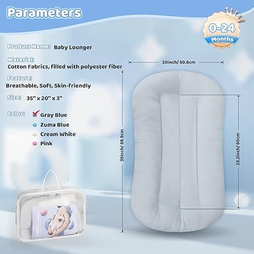 Baby Lounger - Baby Lounger Pillow for Newborn, 0-24 Months, Infant Lounger for Home and Travel, Co Sleeping Baby Nest, Newborn Babies Essentials Gifts, GrayishBlue (Lounger Cover Included) - Grayish Blue thumbnail 2