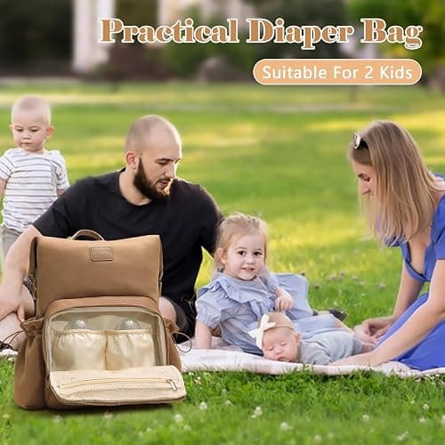 miss fong Diaper Bag Backpack - Baby Diaper Bag Neoprene Bag Large Capacity Neoprene Backpack with Diaper Changing Pad Travel Diaper Backpack Baby Backpack with 12 Pockets for Mom & Dad-Brown thumbnail 6
