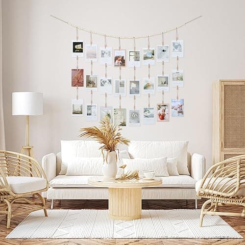 KLOGTSIND Hanging Photo Display with Clips Wall Decor, Boho Wooden Beads Garland Picture Banner, Collage Card Kids Art Holder Photo String with 28 Clips for Room Dorm Decor, Christmas Teen Girl Gifts thumbnail 2