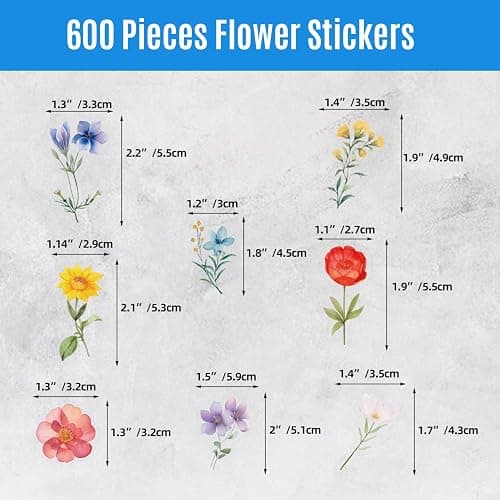 WANGHENG 600Pcs Natural Flower Stickers,Self-Adhesive PVC Vintage Flower Stickers for Scrapbook,Laptop,Journal,DIY Project thumbnail 3