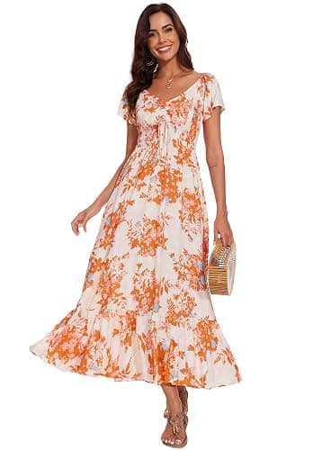 Women's Summer Floral Maxi Dress Casual Short Sleeve Flowy Boho Beach Party Long Dress - Image 1