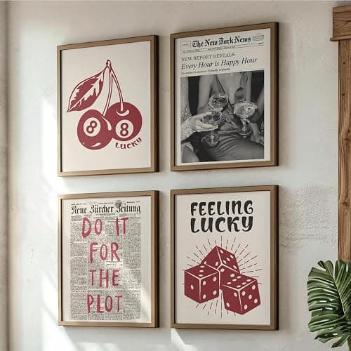 JXREQ Trendige Retro-Poster Y2K rote Glückskugeln mit 8 Kugeln, Happy Hour, Wandkunstdrucke, 4er-Set, Barwagen-Dekor, Y2K-Raumdekoration, flippige Heimdekoration, adrette Raumdekoration, 30,5 x 40,6 thumbnail 3