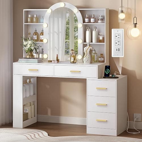 RALGEND Vanity Desk with Mirror and Lights, 47" Makeup Vanity Desk with Power Outlet, 5 Drawers & Open Storage Shelf, 3 Color Modes, White Vanity Desk for Women Girls, Dressing Table for Bedroom thumbnail 7