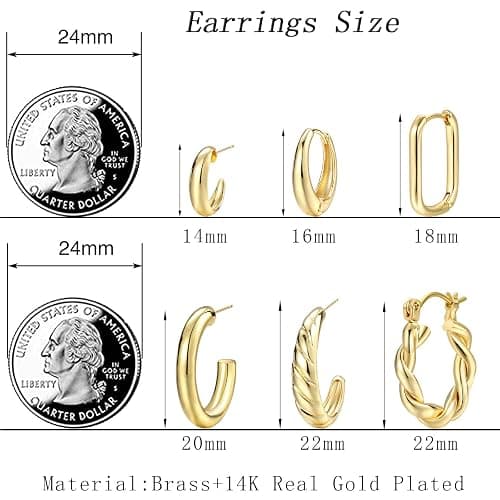 Hoop Earrings Set for Women, 6 Pairs 14K Gold Plated Lightweight Hypoallergenic Chunky Open Twisted Hoops Earrings Pack Jewelry thumbnail 2
