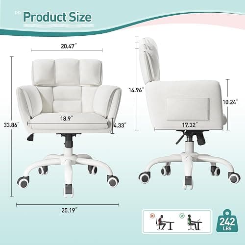 DurayLoly Home Office Chair with Wheels Soft-Touch Material,Modern Cute Vanity Chair with Back Adjustable Height Upholstered Comfy Desk Chairs with Side Pockets for Bedroom,White thumbnail 2