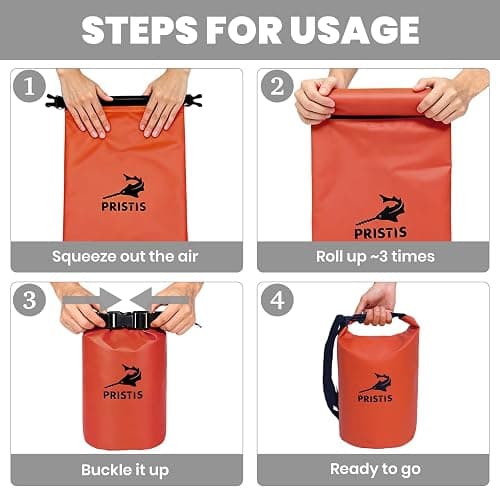 Pristis Waterproof Dry Bag, 10L Lightweight Floating Kayak Storage Backpack for Men Women, Durable Outdoor Roll Top Dry Sack Gear Accessory for Kayaking Fishing Rafting Beach Camping, Orange thumbnail 4