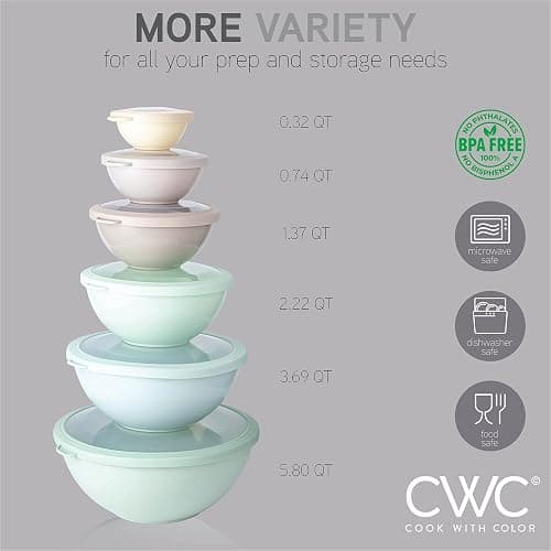 COOK WITH COLOR Nesting Mixing Bowls - 12 Piece Plastic Bowl Set with Lids, Microwave Safe (Mint Ombre) thumbnail 6