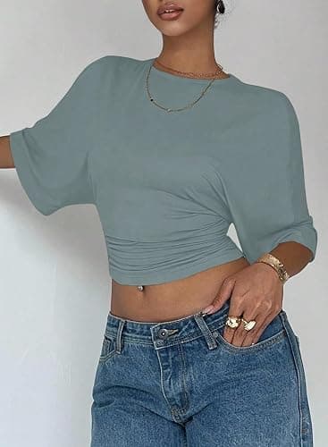 LOLONG Womens Crew Neck Half Sleeve Ruched Shirts Summer 2026 Casual Cinched Waist Crop Tops thumbnail 3