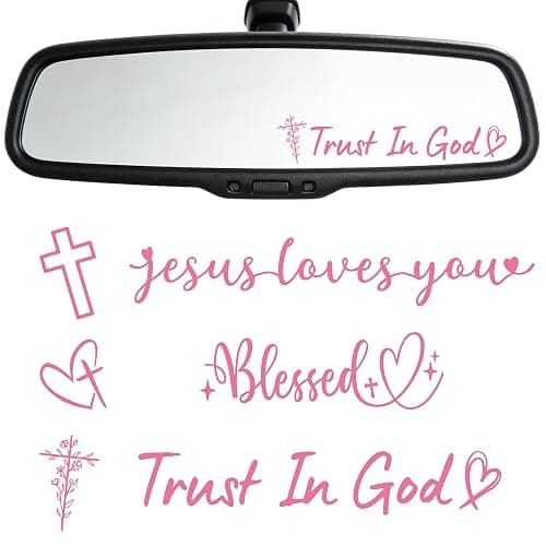 6 Pcs Trust in God Rearview Mirror Stickers, Christian Car Decals Vinyl Sticker, Pink Car Accessories for Women, Jesus Loves You Cross Decal for Cars Auto Window Laptop Decorations (Pink) - Image 1