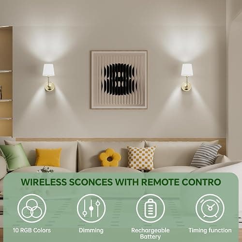 Lightbiz Battery Operated Wall Sconces Set of Two, Detachable Rechargeable Wall Lights RGB Dimmable, sconces Wall Decor of 2 with Remote for Bedroom, Living Room thumbnail 3