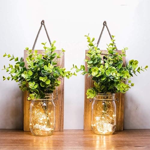 Rustic Wall Sconces, Mason Jar Sconces, Farmhouse Home Decor, LED Fairy Lights, Green Fake Plant, Interior Decoration Warm Toned Lighting. (2 Pack) thumbnail 6