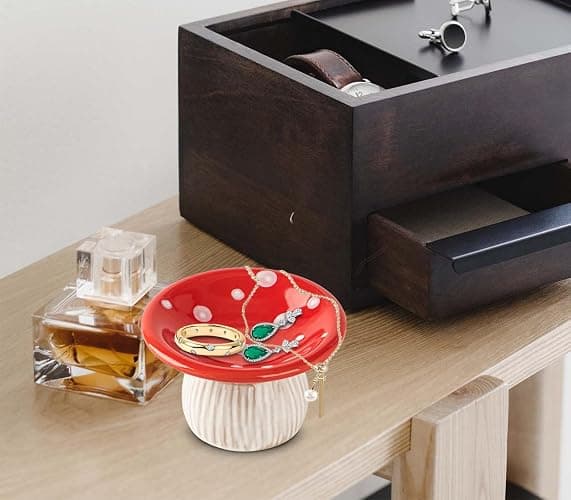 dgudgu Mushroom Ring Holder Jewelry Tray Red Dish Ceramic Trinket Storage Jar Mini Engagement Ring Holder thumbnail 4